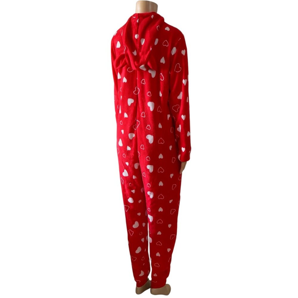 Angelina Red Heart Print Hooded One-Piece Pajamas | Zip-Up Fleece | S/M & L/XL - Picture 7 of 9